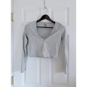 SKIMS Vintage Long Sleeve Cropped Henley Top Heather Grey M NWOT